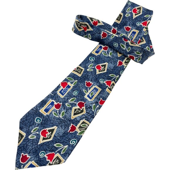 Bill Blass Silk Tie Abstract Art Floral Roses Flowers Blue Red Green - Picture 2 of 6